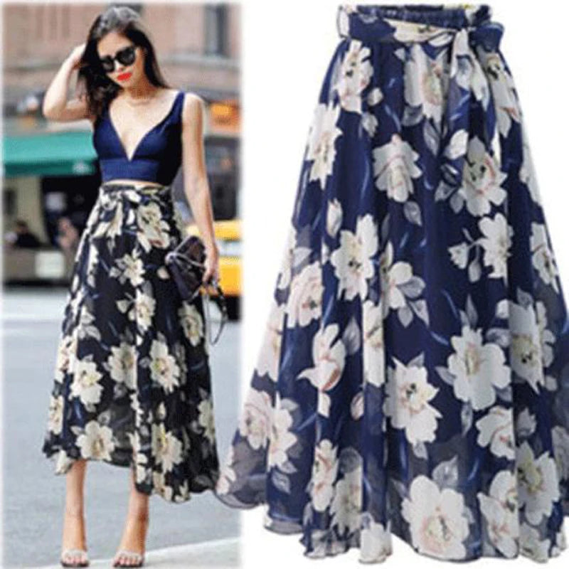 Womens Plain Knee Length Soft Stretch Flared Printed Skater Midi Skirt Floral stripe Boho