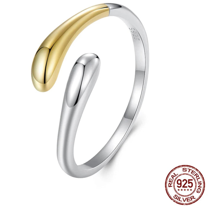 BAMOER 925 Sterling Silver Two-Tone Waterdrop Open Adjustable Ring, Waterdrop Rings Statement Rings Simple Stackable Band Rings