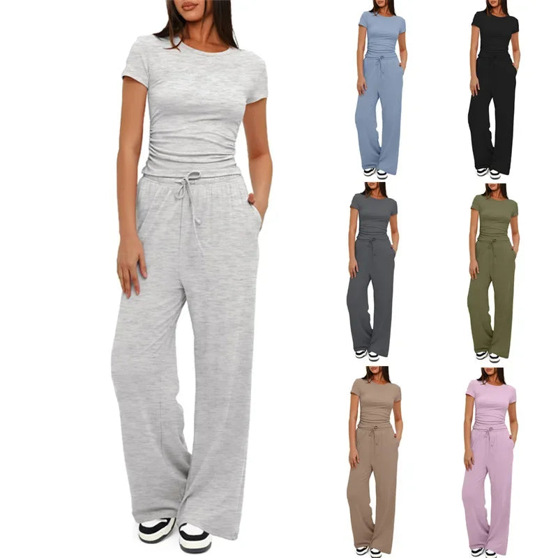Women's Casual Suit 2-Piece Set High-Waisted Bell Bottoms Short Sleeves Top Sportswear From China Mainland