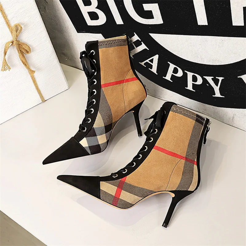 Ankle Women Elegant Boots Shoe Fashion Slim Thin High Heel Pointed Toe Plaid Plaid Lace up Fashion Cross Strapping Boots