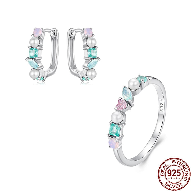 WOSTU 925 Silver Multi Color Stone Hoop Earrings CZ Opal Pearl Rainbow Finger Ring Colorful Jewelry Set Wowen Girl Party Gift