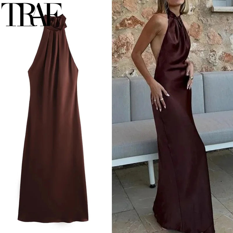 Halter Satin Long Dress Women Tied Backless Brown Maxi Midi Dress Summer Off Shoulder Party Dresses Pleated Evening Dress