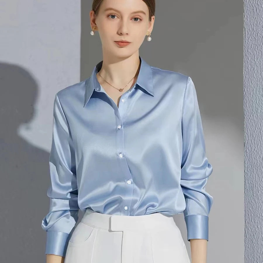 Satin Shirts And Blouses Women Clothing Casual Top OL Long Sleeve Button Elegant Shirts French Solid Blouses