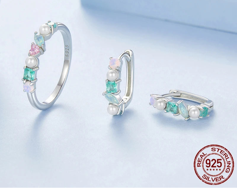 WOSTU 925 Silver Multi Color Stone Hoop Earrings CZ Opal Pearl Rainbow Finger Ring Colorful Jewelry Set Wowen Girl Party Gift