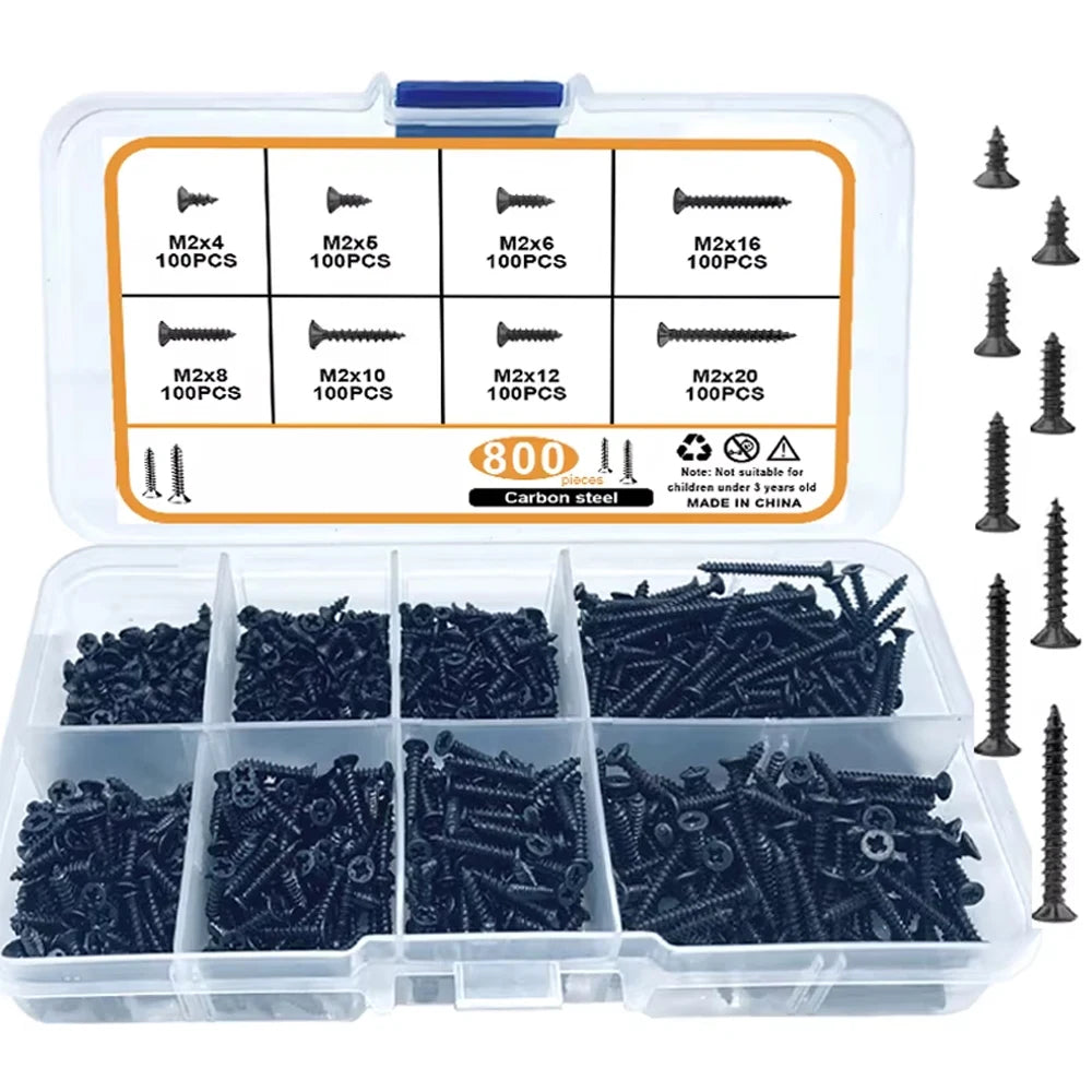 M2 black Flat Head Cross Carbon Steel Self-Tapping Screw 800Pcs, Suitable For Home Improvement, DIY Engineering, Electronic Prod