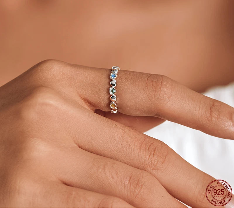 Bamoer Genuine 925 Sterling Silver Fashion Rainbow Heart Ring for Women Love Rings Luxury Colorful Zircon Wedding Jewelry Gifts