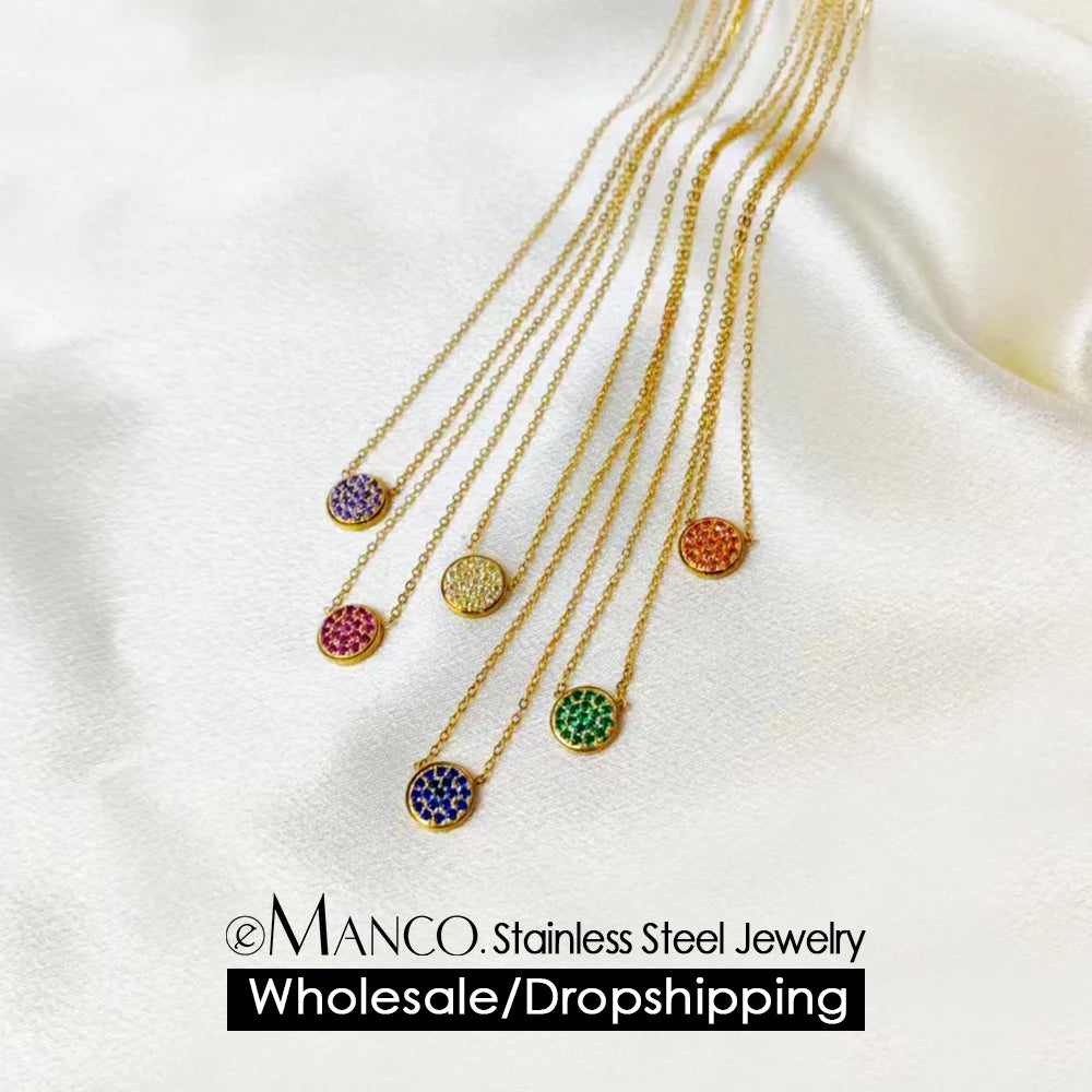 eManco Birthstone 12 Color Zirconia Necklace Stainless Steel Gold-Plated Round Pendant Fashion Jewelry Mother's Day Gift