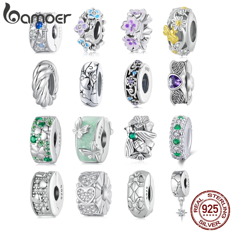 Solid Sterling Silver Clasp CZ pave Clip Charms Daisy Beads Stopper Safety Chain fit Original Charm Bracelet Jewelry Clip