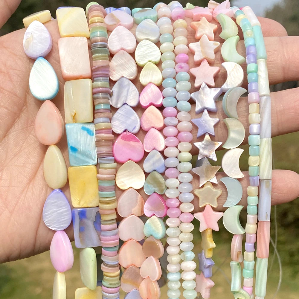 Natural Macaron Shell Beads Love Hreat Star Moon Cube Flat Round Loose Spacer Beads Crafts for DIY Jewelry Bracelet Making 15”
