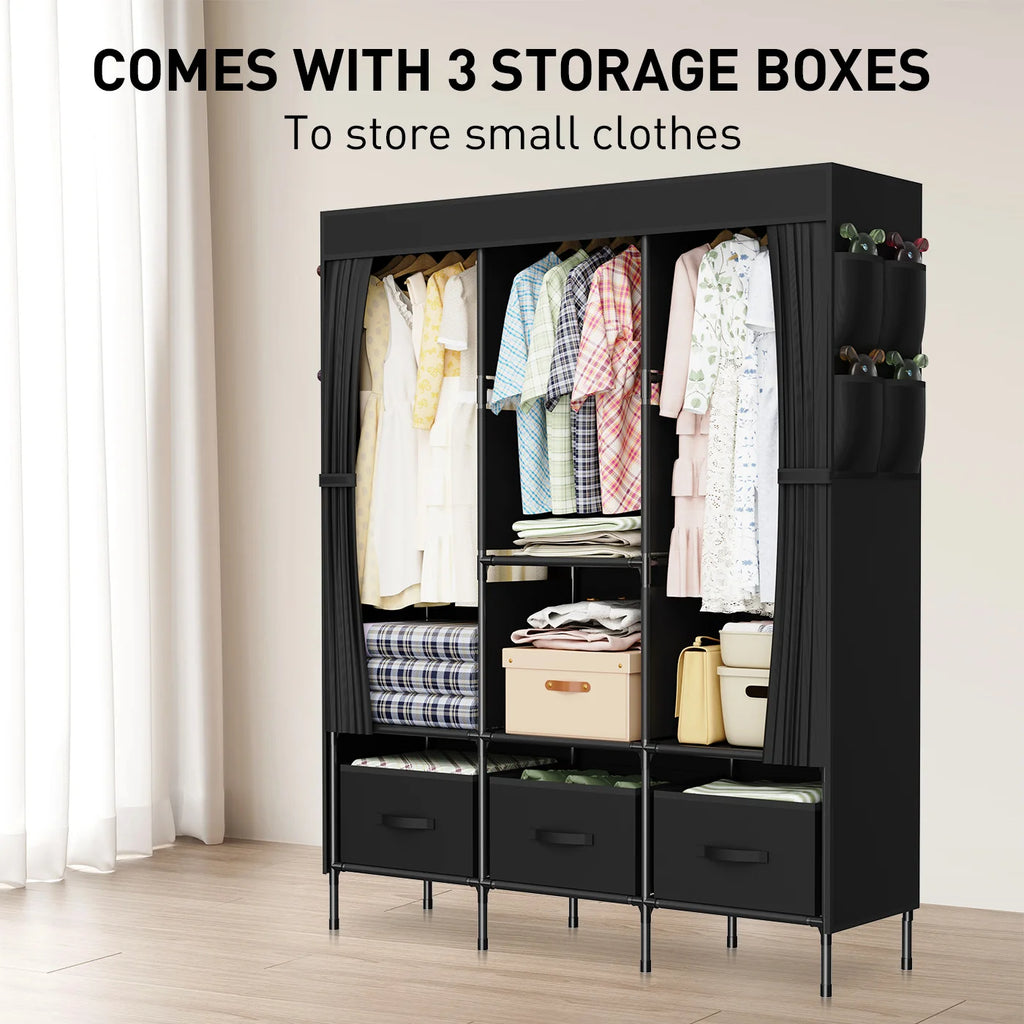 Canvas Double Wardrobe, Fabric Wardrobes 8 Side Pocket, Pop up wardrobe W130 x D45 x H170cm,Great Foldable wardrobes for Bedroom