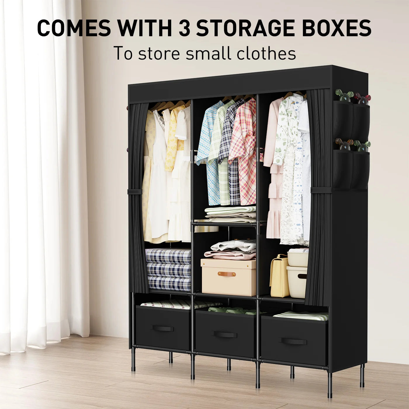 Canvas Double Wardrobe, Fabric Wardrobes 8 Side Pocket, Pop up wardrobe W130 x D45 x H170cm,Great Foldable wardrobes for Bedroom