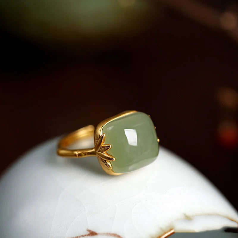 PANJBJ 925 Sterling Silver Hotan Jade Geometric Ring for Women Girl Adjustable Retro Delicate Jewelry Birthday Gift Dropshipping