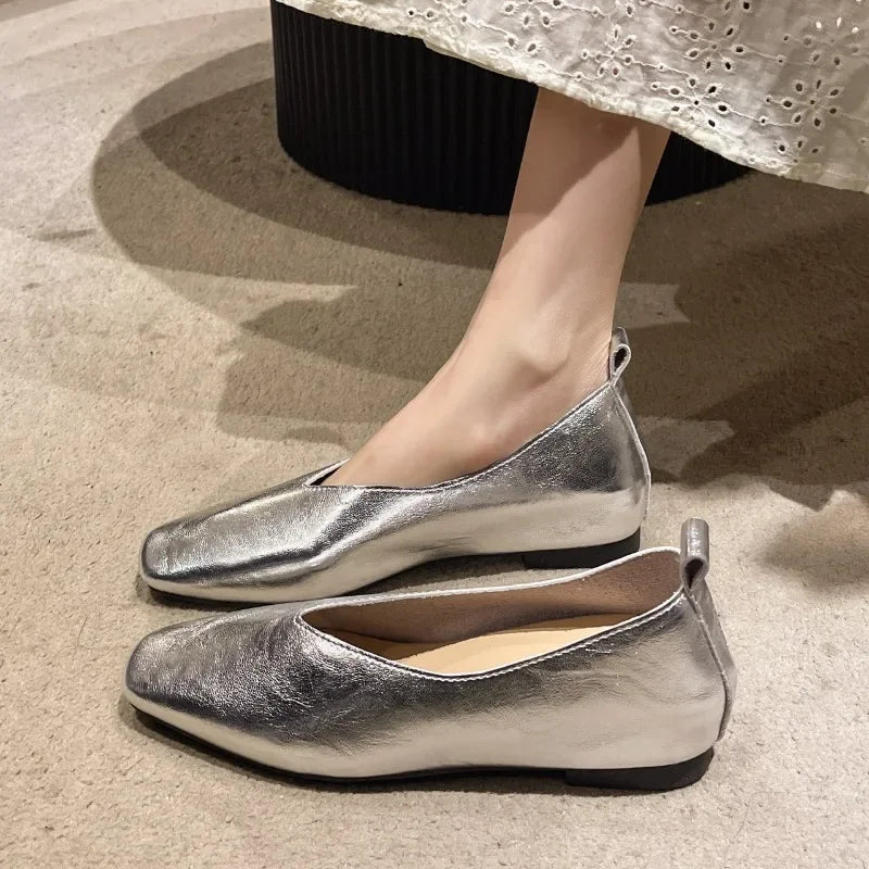 Loafers Genuine Leather Luxury Shoes Flats Silver Heels Gold Pumps Square Toe Elegant Mary Janes Shoes For Women
