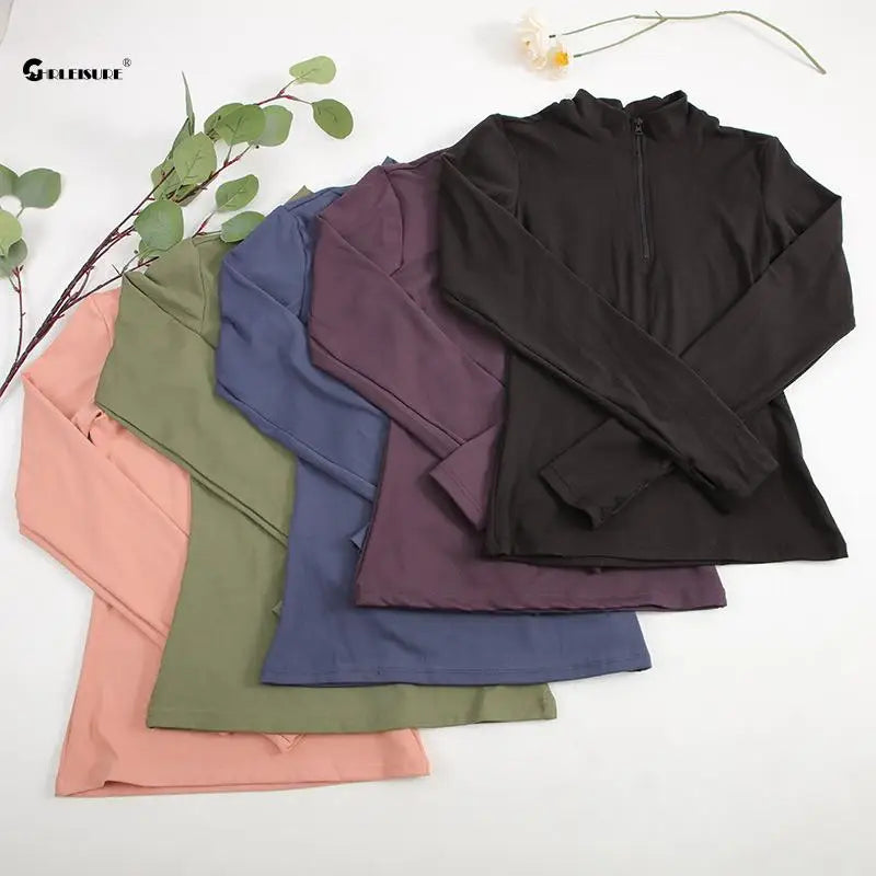 Long Sleeve Yoga Running Shirt top Half-zip Sports Top with Thumb holes Elastic Breathable