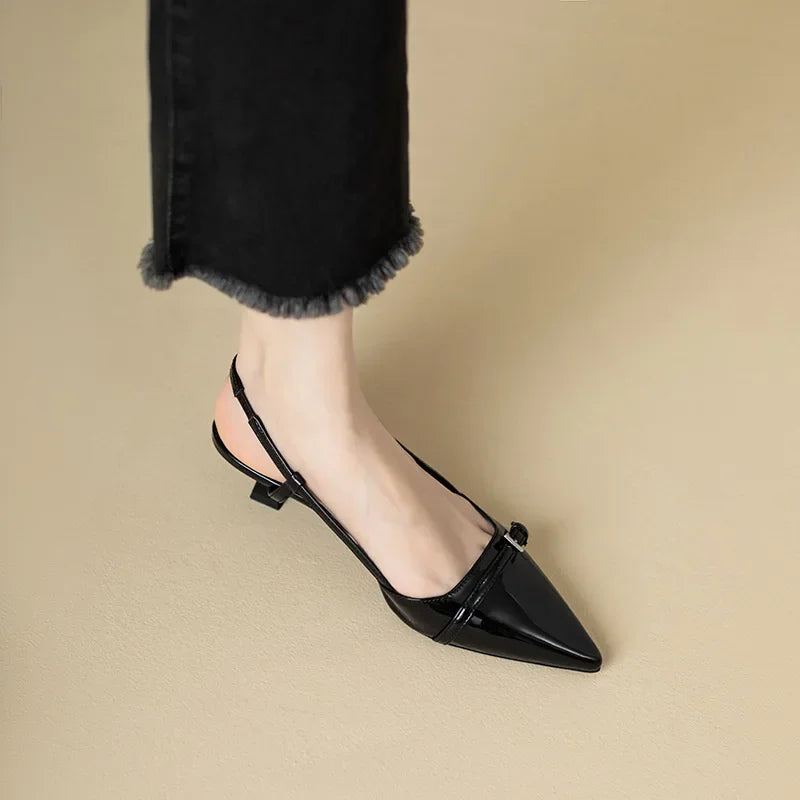 French Wine Red Pointed Patent Leather Mid-heel Flats Kitten Sandals for Women Retro Skinny Heel Back Empty Shoes