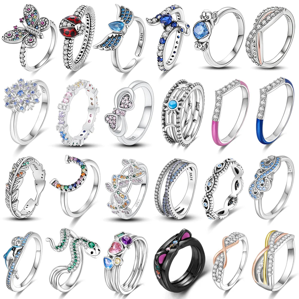 2024 Trendy Finger Ring Real 925 Silver Rings Sparking Zircon Butterflies Ladybugs Angel Wings Ring Popular Women Rings