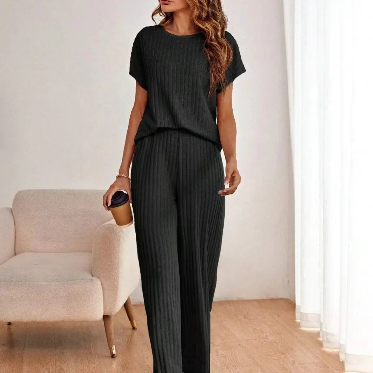 Top Loose Fit Short Sleeves and Bell Bottoms 2-Piece Set Women's Clothing Round Neck Design