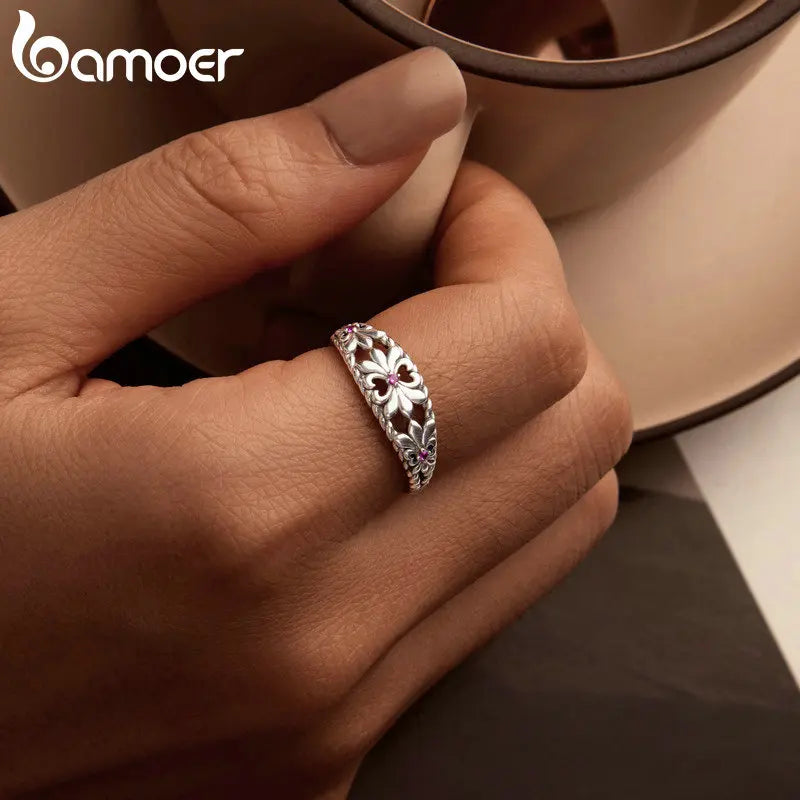 Bamoer 925 Sterling Silver Retro Iris Ring European Elegant Statement Rings For Women Birthday Plating Party Jewelry Gift