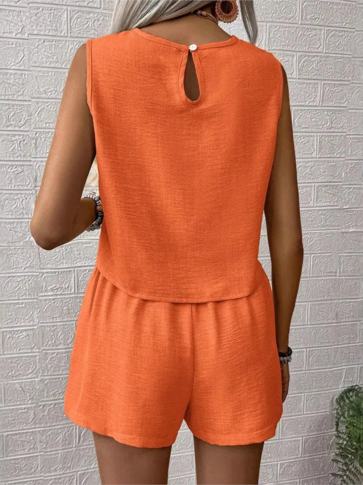 Two Piece Sets Summer Sleeveless Vest Crop Tops + Wide Leg Shorts Set Female New Casual Vacation Beach Outfits