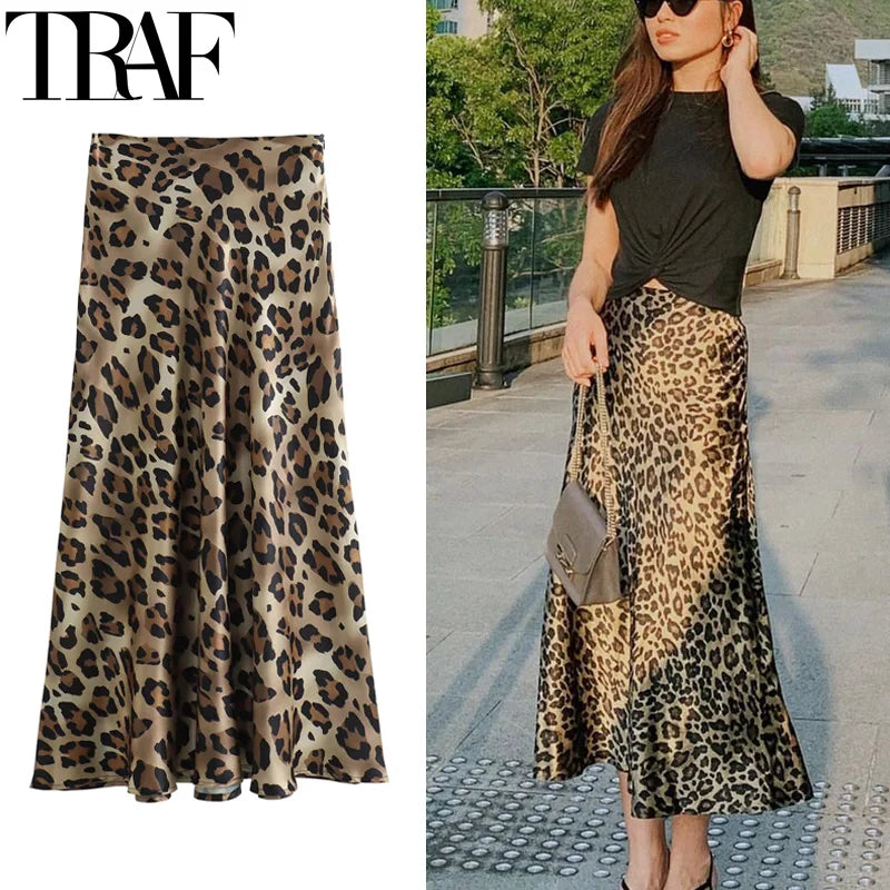 Leopard Print Women's Midi Skirt High Waist Stylish Long Skirts For Women Fall Vintage Satin Skirt Woman Elegant Skirts