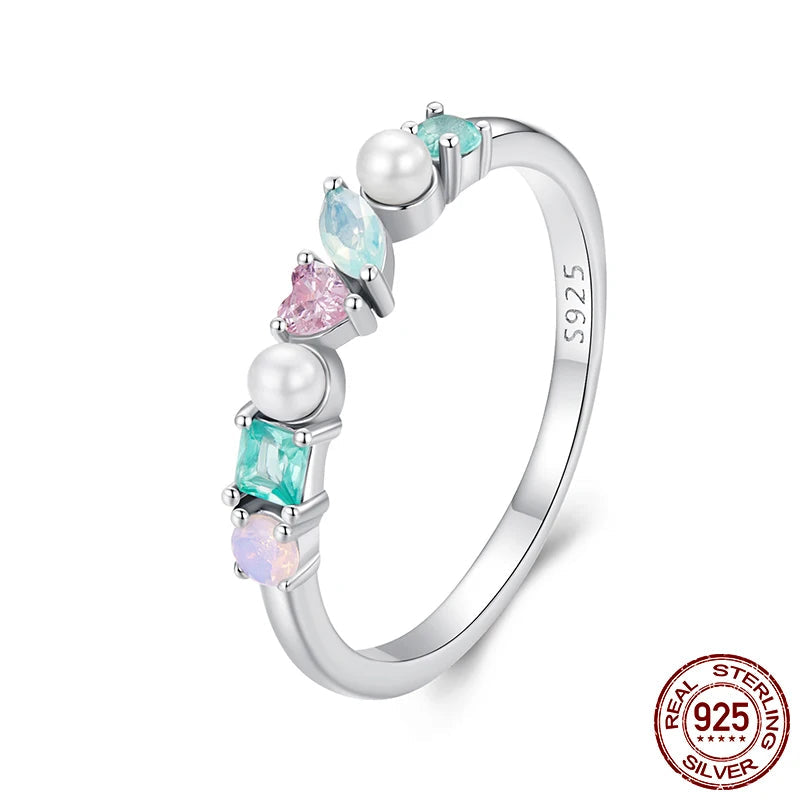 BAMOER Gold Plated Rainbow Eternity Thumb Rings, 925 Sterling Silver Opal/CZ/Pearl Wedding Colorful Band Rings for Women