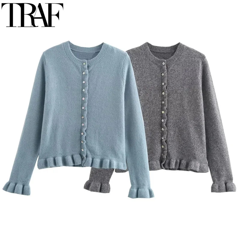 Sweater Cardigan Ruffle Long Sleeve Knitted Cardigan For Women Autumn Bolero Knitwears Button-Down Bluey Gray Cardigan