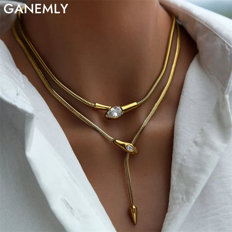 316L Stainless Steel Snakehead Shining Zircon Necklace Trendy Neck Chain Choker Collar Waterproof Jewelry For Women