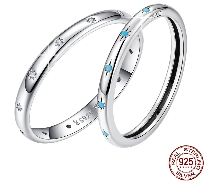 Solid 925 Sterling Sliver Turquoise Blue Star Patterns Simple Size Round Rings For Women Female Original Jewelry CTR240