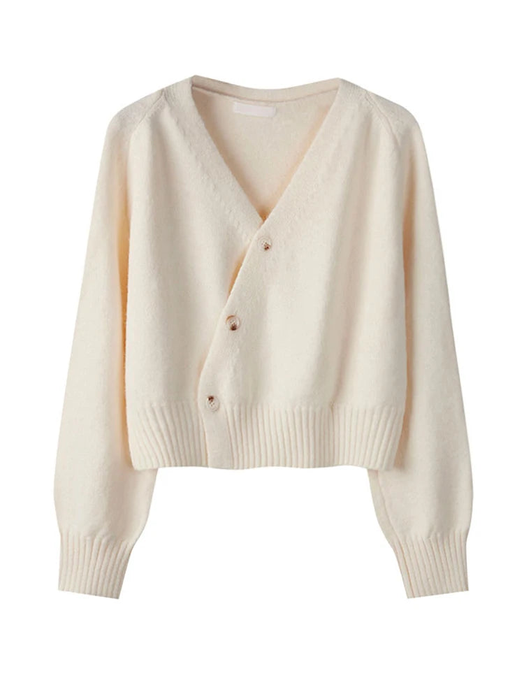 Skew Button Cardigan V-neck Sweater Women Knitted Long Sleeve Tops Korean Loose Solid Cashmere Sweater for Woman
