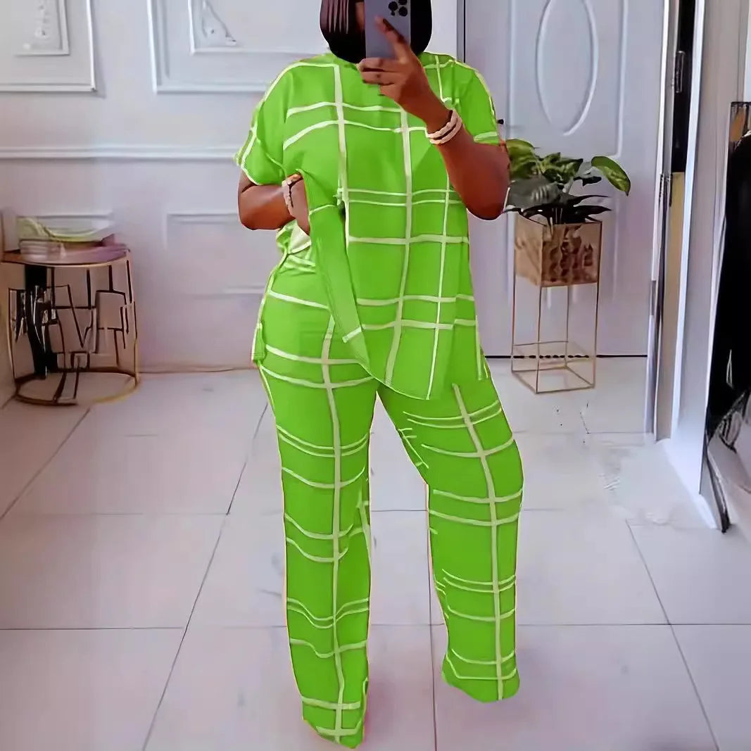 Short Sleeve 2 Piece Women Sets Matching Sets Stripe Print Two Pieces Sets Top Pants Suits Outfits Clothing