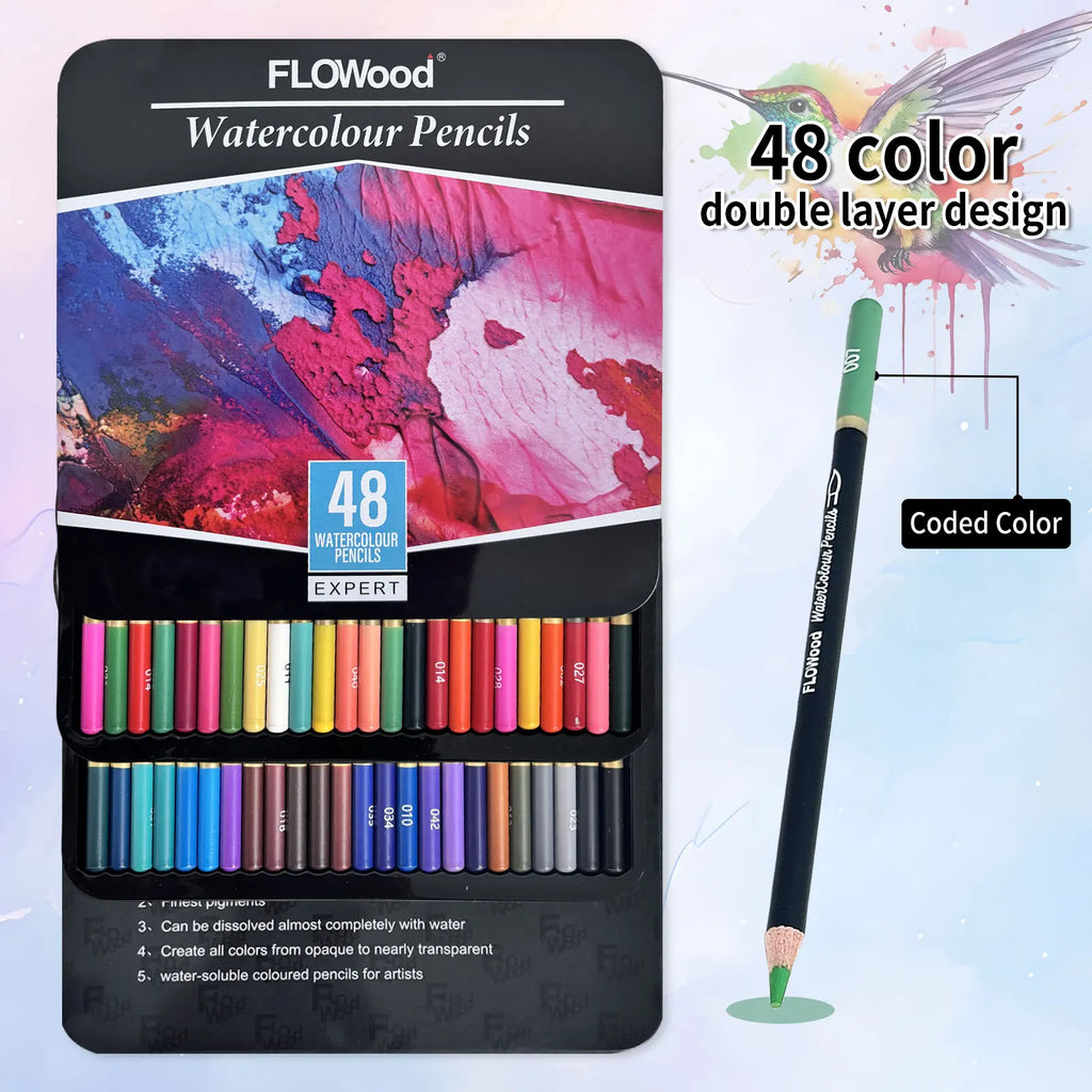 1 Box of 48 Sticks Watercolour Pencils 48 Colours Iron Box Double Layer Design Art Drawing Premium Feeling Colour Painting Gift