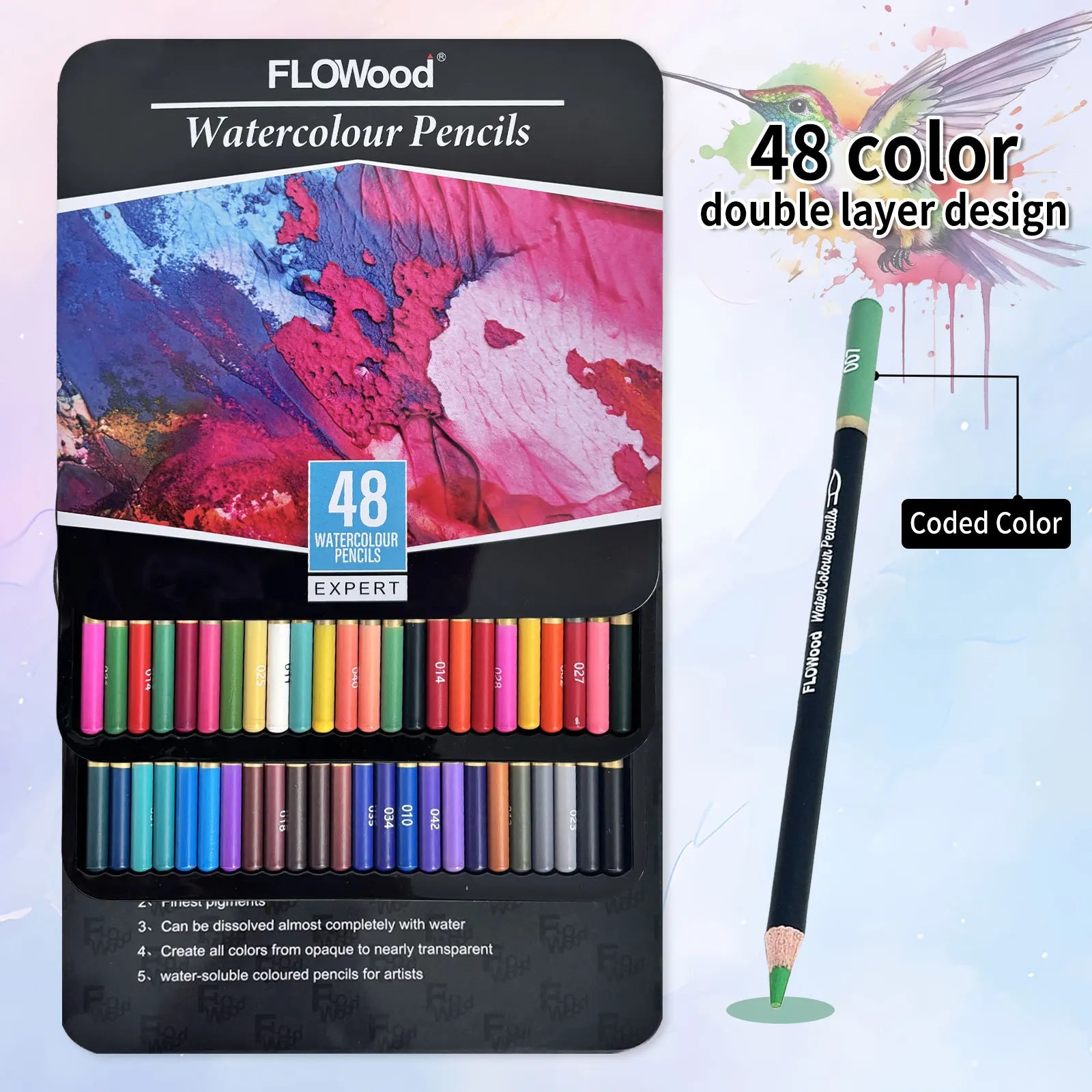 1 Box of 48 Sticks Watercolour Pencils 48 Colours Iron Box Double Layer Design Art Drawing Premium Feeling Colour Painting Gift