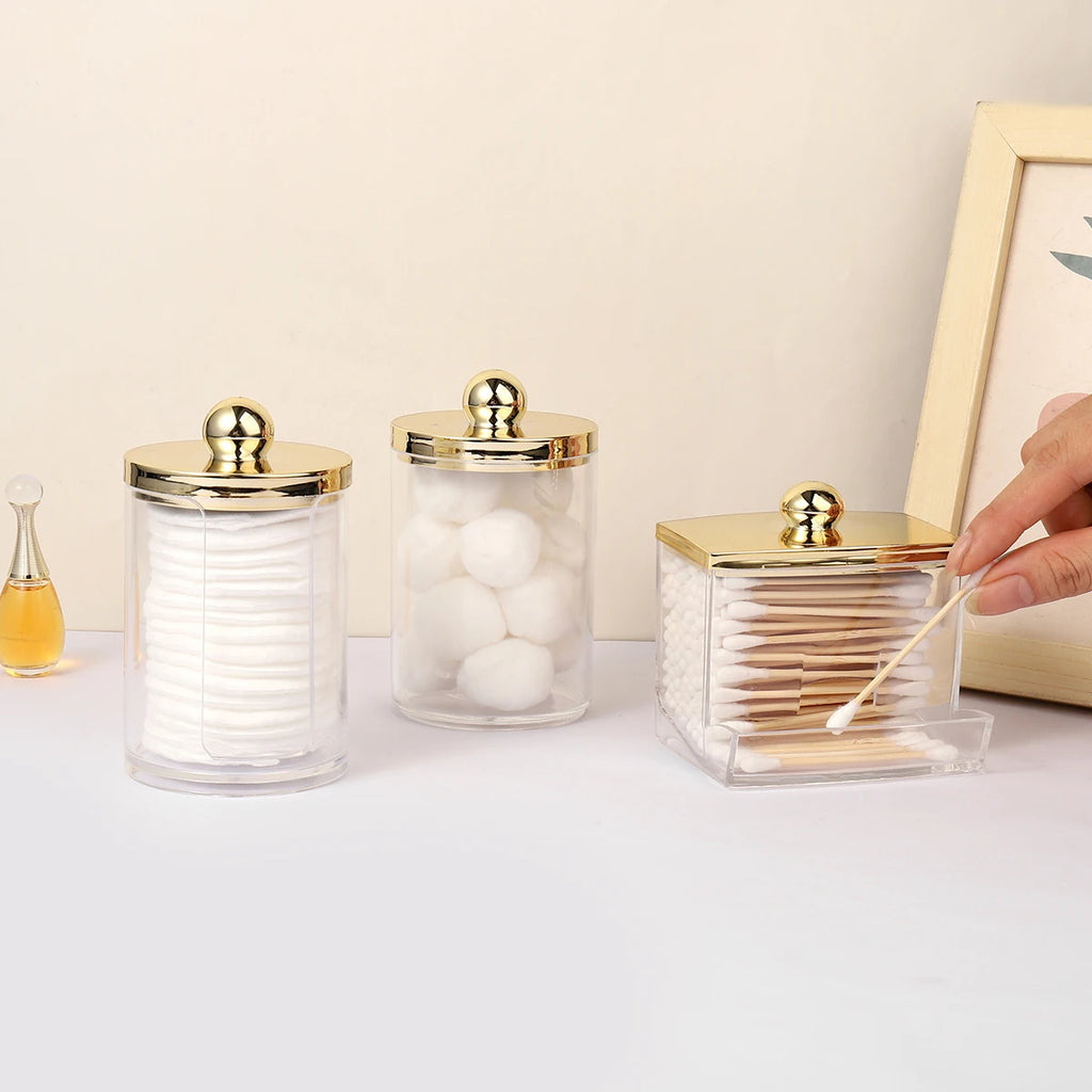1/3 pcs Dispenser Bathroom Container with Golden Lid , 10 oz Cotton Ball Holder, Clear Plastic Apothecary Jar Organizer