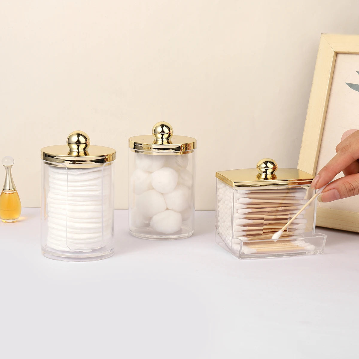 1/3 pcs Dispenser Bathroom Container with Golden Lid , 10 oz Cotton Ball Holder, Clear Plastic Apothecary Jar Organizer