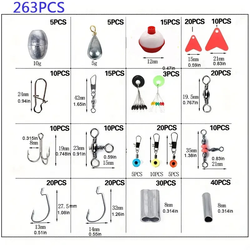 Fishing Accessories Set with Tackle Box 263pcs/Set Including Plier Jig Hooks Sinker Weight Swivels Snaps Sinker Slides