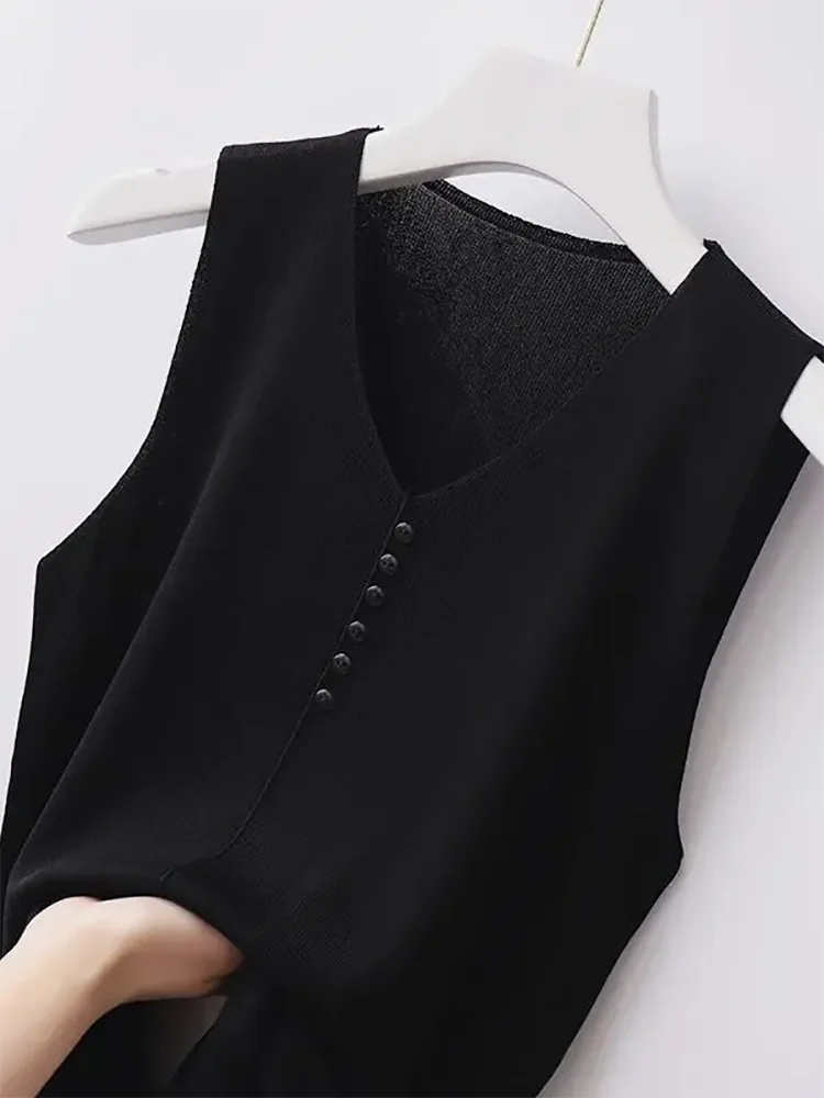 Knitted Vests Women Top V-neck Solid Tank Blusas Mujer De Moda 2025 Summer New Fashion Female Sleeveless Casual Thin Tops