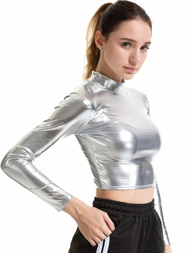 Cropped Top Women Shiny Leather Top High Street Turtleneck Dance Clubwear Long Sleeve Tops Gold Silver Costumes T shirt