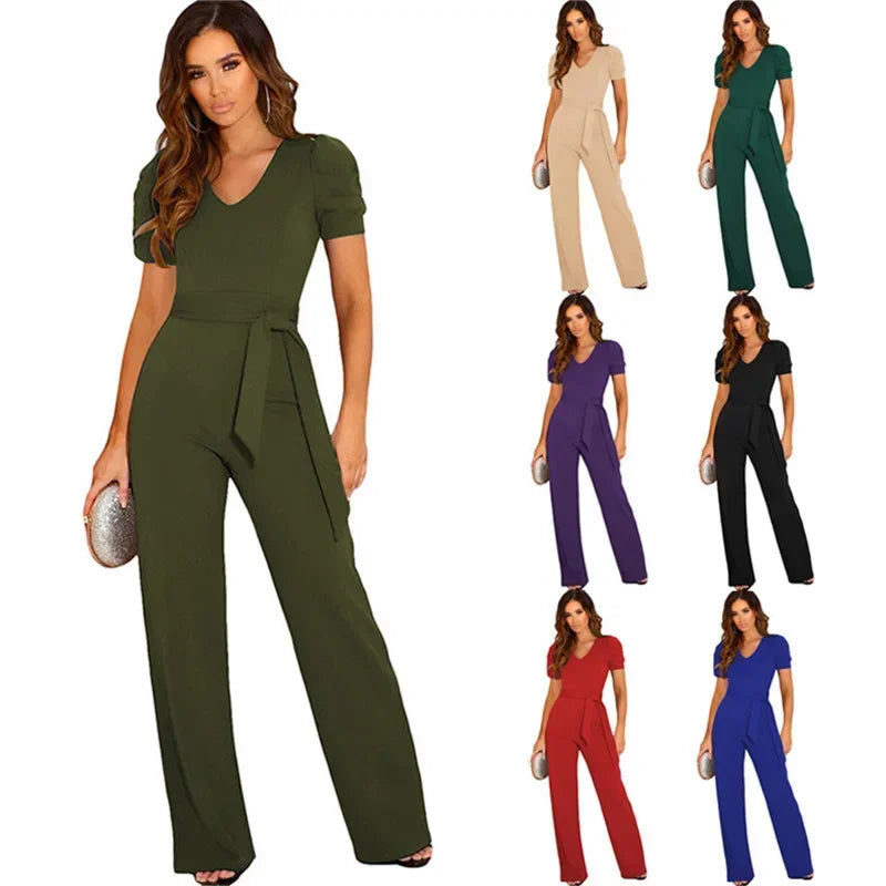 Strap Waist Wrapped jumpsuit Women's Solid Color V-neck Short Sleeve Wide Leg Long Pants
