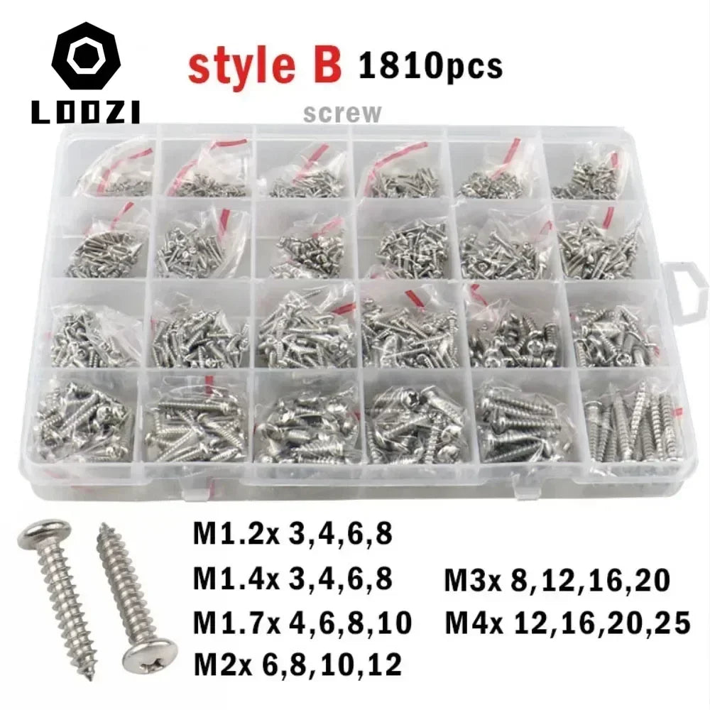 M1.2 M1.4 M1.7 M2 M2.2 M2.6 M3 M4 M5 304 Stainless Steel Small Cross Phillips Pan Round Head Self-tapping Screws Wood Screw Set