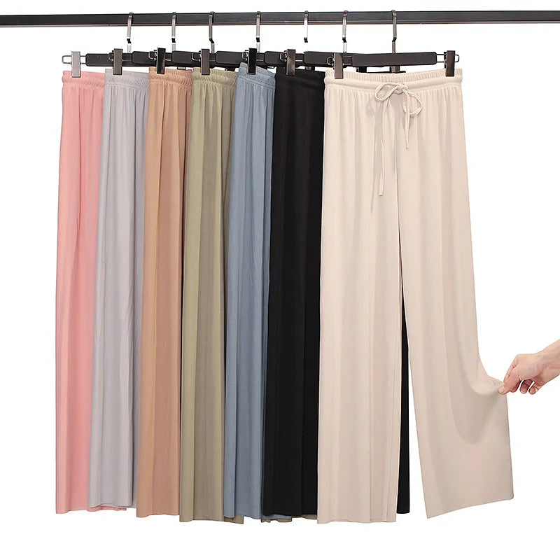 Ankle-Length Wide Leg Pants Casual Summer Solid Elastic Waist Loose Ice Silk Pants Spring Summer Female Trousers