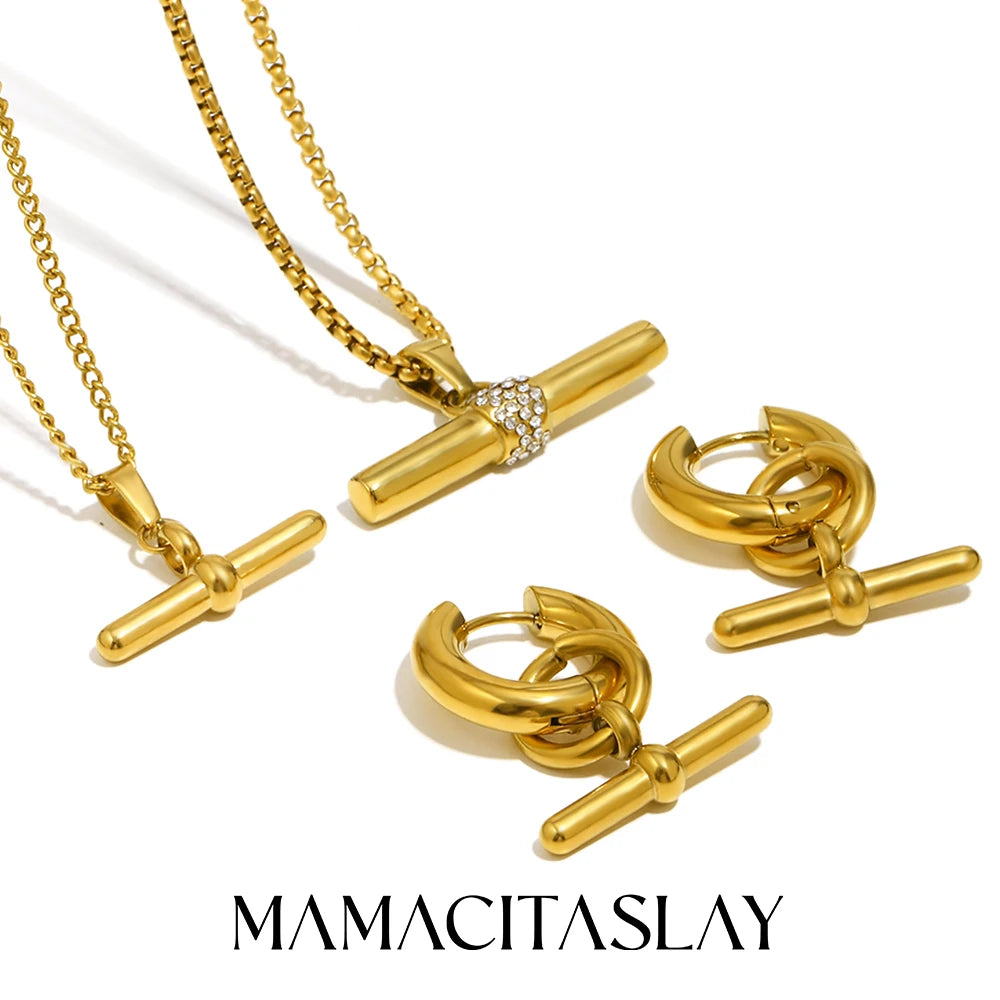 Stainless Steel T-Bar Pendant Necklace Earrings Waterproof 18K Gold Plated Jewelry Women's Earrings Necklace