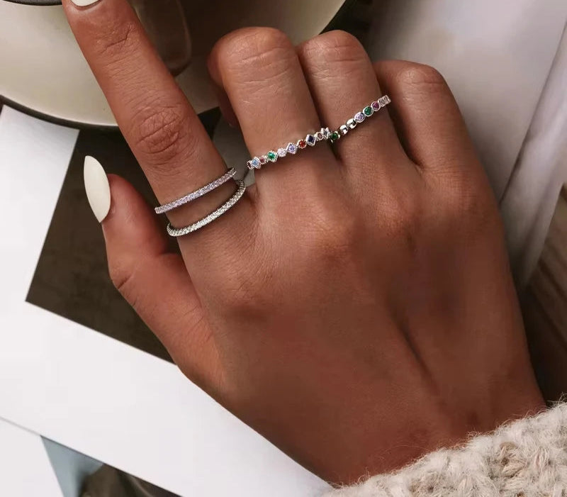 BAMOER 925 Sterling Silver Rainbow Zircon Finger Ring for Women Trendy Fashion Dazzling CZ Stone Anillos Jewelry Gift SCR714