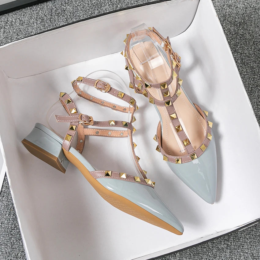 high-heeled women's sandals Fashion brand design pointed rivet red casual shoes Large size 41-43