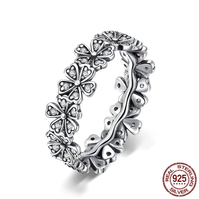 Solid 925 Sterling Silver Stacked Daisy Flower Finger Ring Floral Ring