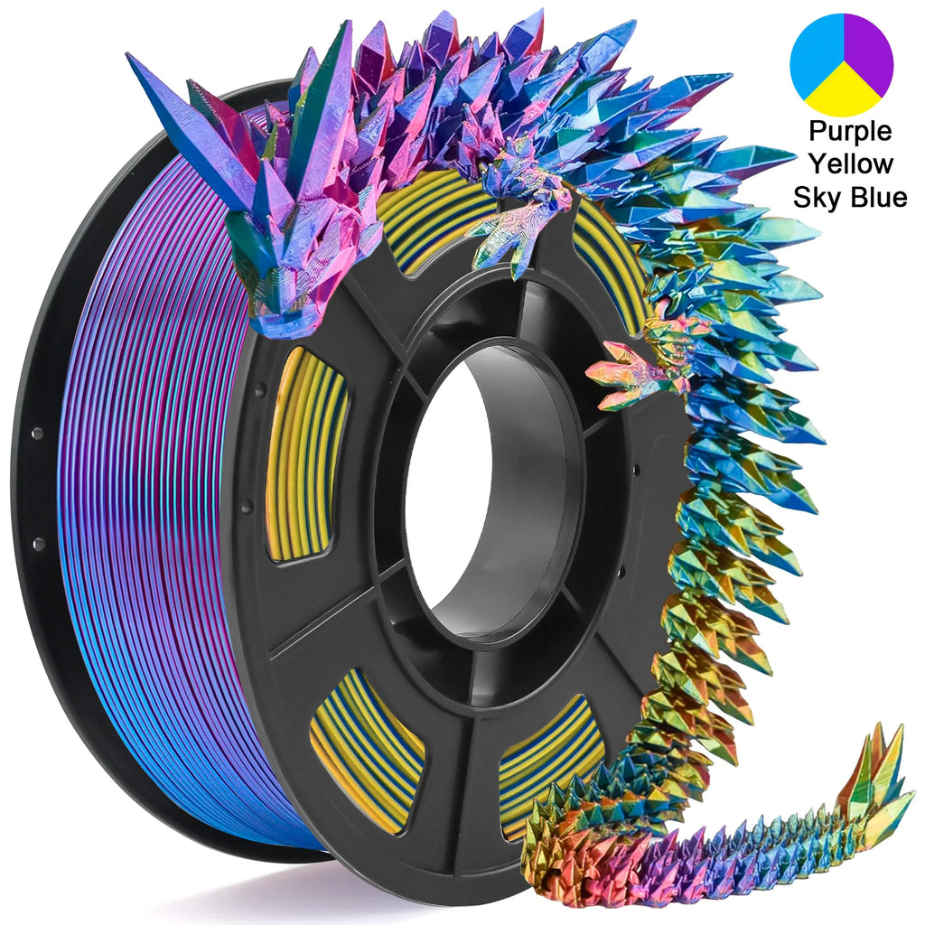 Tricolor Silk PLA 3D Printer Filament, 1.75mm Multicolor 3D Printing Filament, Purple&Sky Blue&Yellow Filament, 250g (0.55lbs)