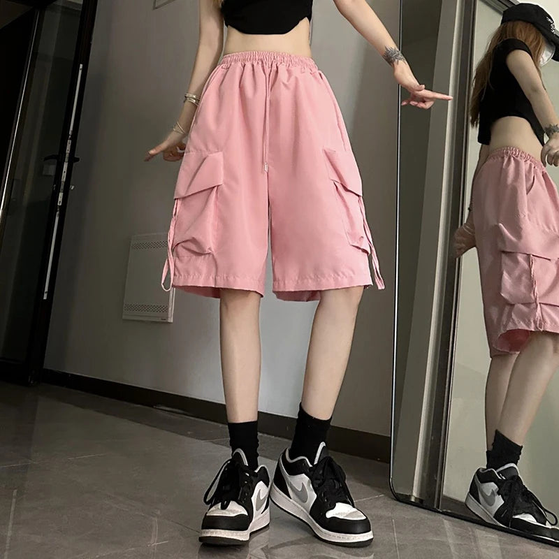 High Waist Cargo Shorts American Style Streetwear Summer Wide Leg Pants Fashion Female Big Pocket Loose Shorts New
