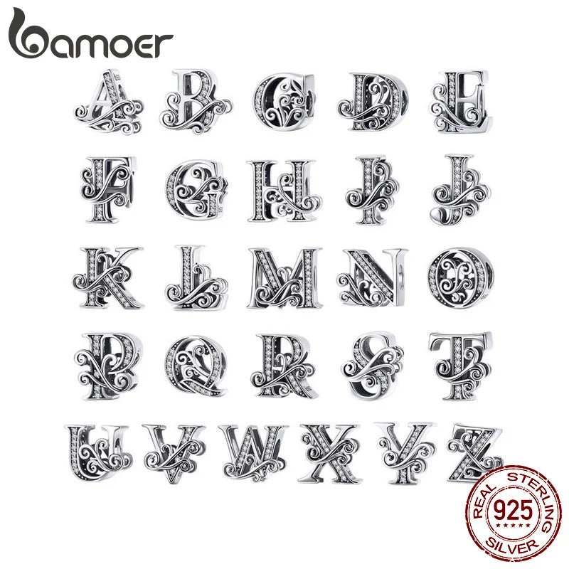 Solid Sterling Silver Letter Vintage A to Z 26 Letter Charms Openwork CZ Alphabet Beads Fit Charm Bracelet BSC030