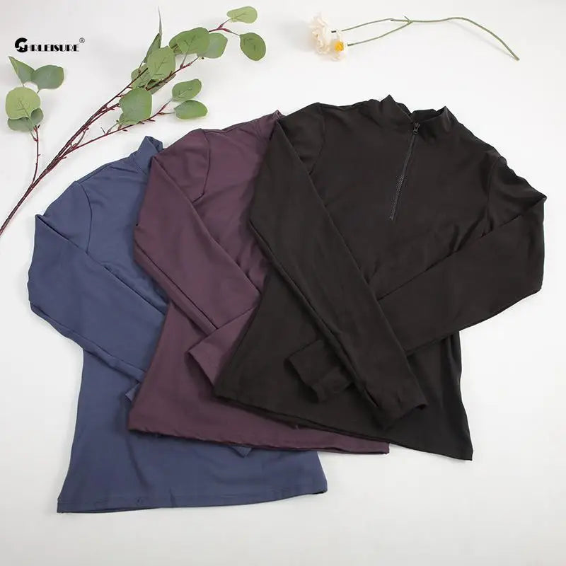 Long Sleeve Yoga Running Shirt top Half-zip Sports Top with Thumb holes Elastic Breathable
