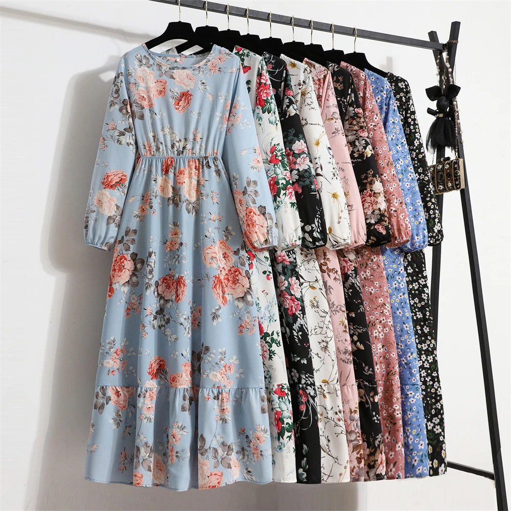 Maxi Dresses Casual Full Sleeve Floral Printed O-neck Woman  Long Dress