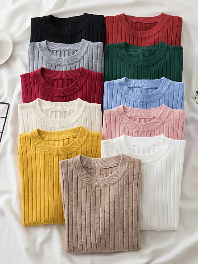 Women Pullovers Summer Sweaters Knit Soft Jumper tops Tops O-Neck Ribbed Long Sleeve Korean Slim-fit Female Sweater